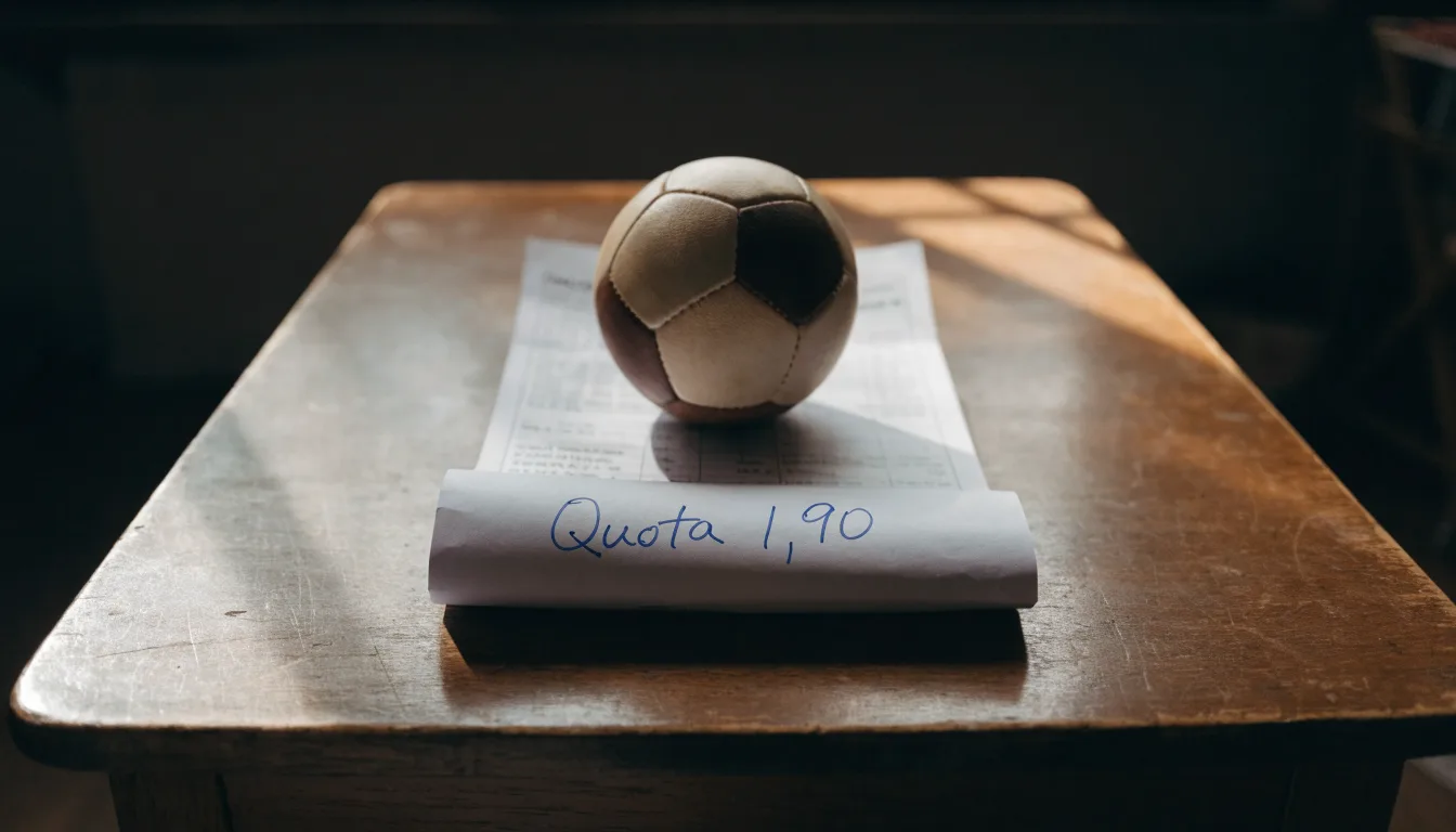 Un pallone da calcio appoggiato su una schedina bianca su un tavolo di legno, alla luce del giorno