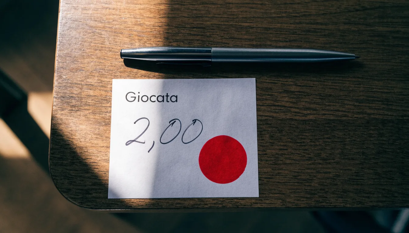 Un foglio di concessione in carta con un timbro rosso, appoggiato su una scrivania di legno accanto a una penna