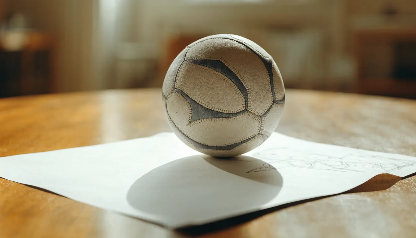 Un pallone da calcio appoggiato su una schedina bianca su un tavolo di legno, alla luce del giorno