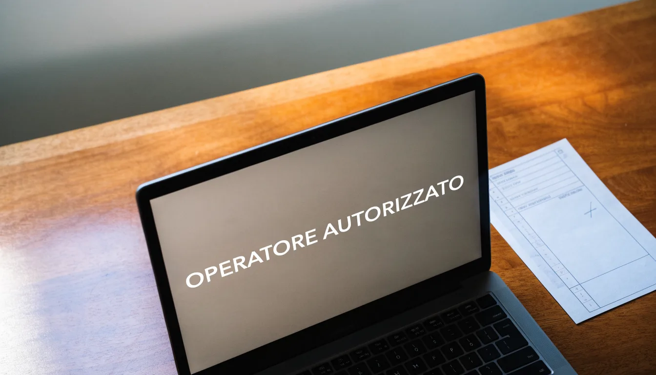 Un foglio di concessione in carta con un timbro rosso, appoggiato su una scrivania di legno accanto a una penna
