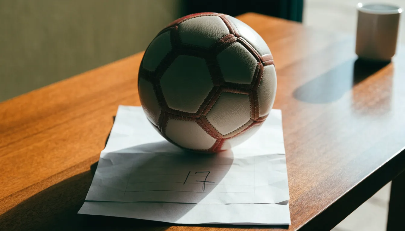 Un pallone da calcio appoggiato su una schedina bianca su un tavolo di legno, alla luce del giorno