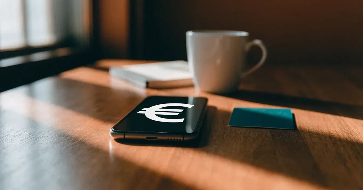 Uno smartphone e una carta di pagamento affiancati su un tavolo di legno, con alcune banconote da euro accanto