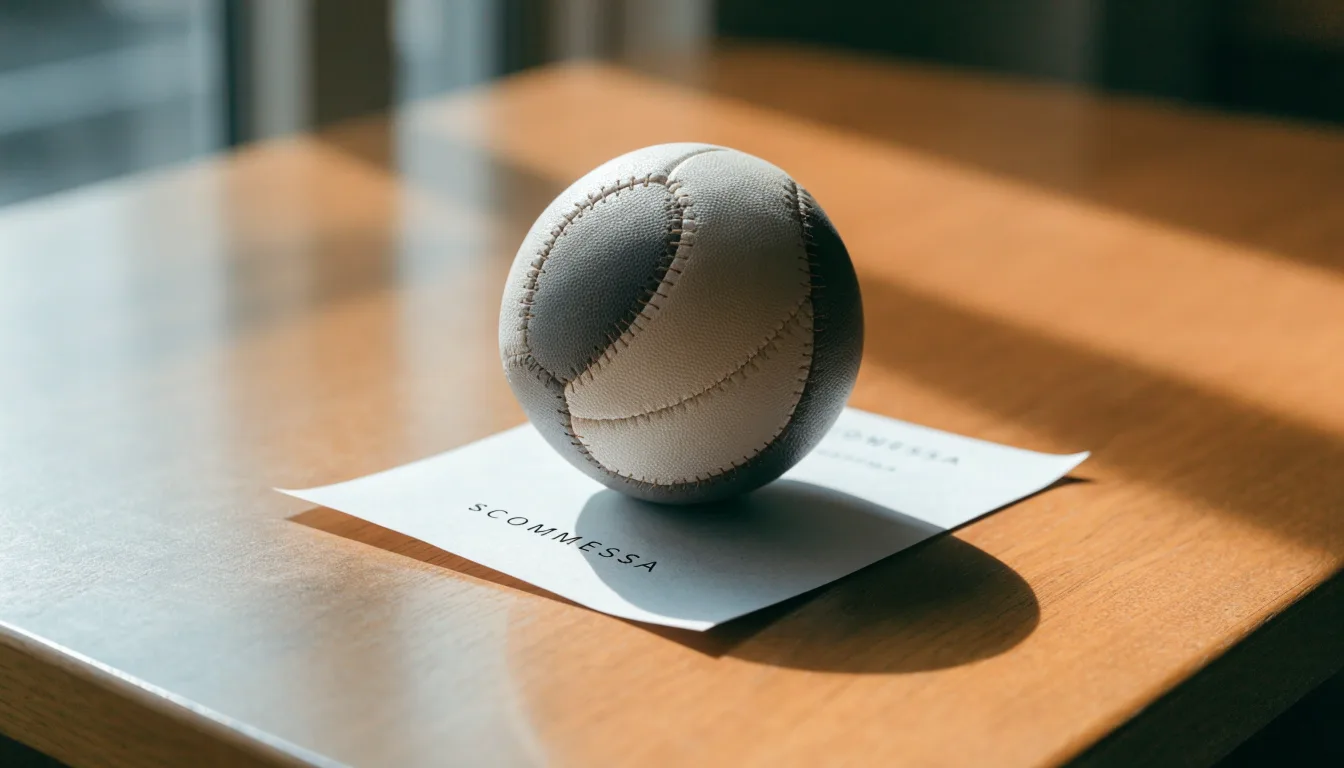 Un pallone da calcio appoggiato su una schedina bianca su un tavolo di legno, alla luce del giorno
