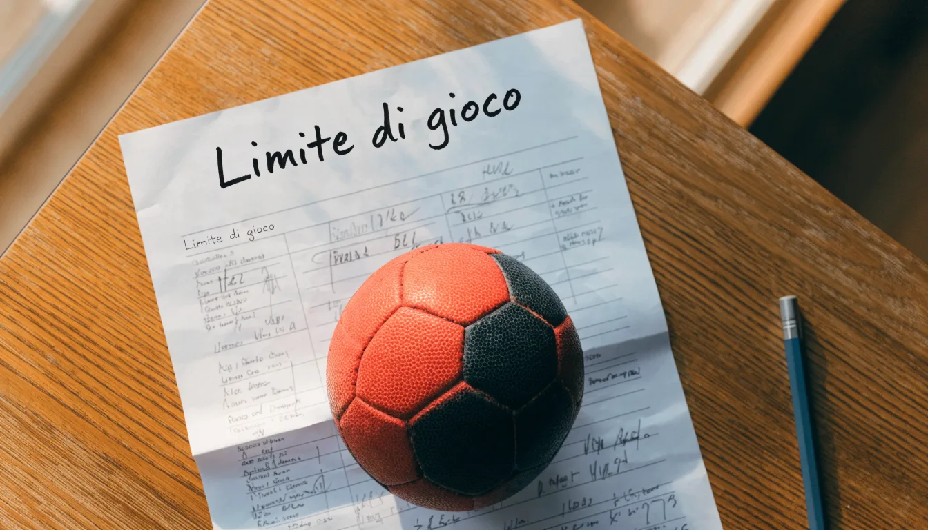 Un pallone da calcio appoggiato su una schedina bianca su un tavolo di legno, alla luce del giorno