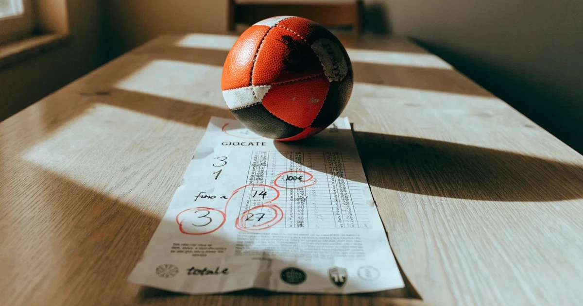 Un pallone da calcio appoggiato su una schedina bianca su un tavolo di legno, alla luce del giorno