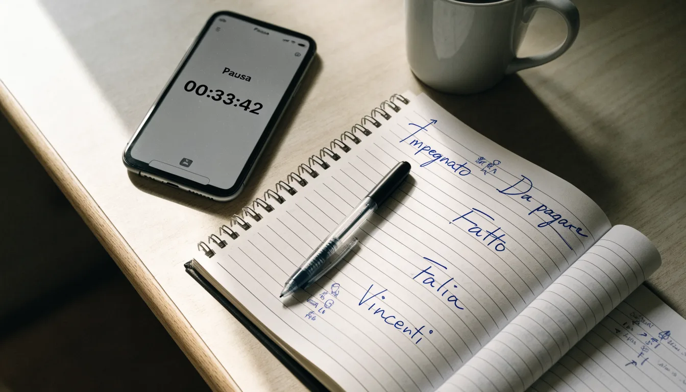 Un documento di identità appoggiato accanto a uno smartphone con un timer sullo schermo, su un tavolo da cucina