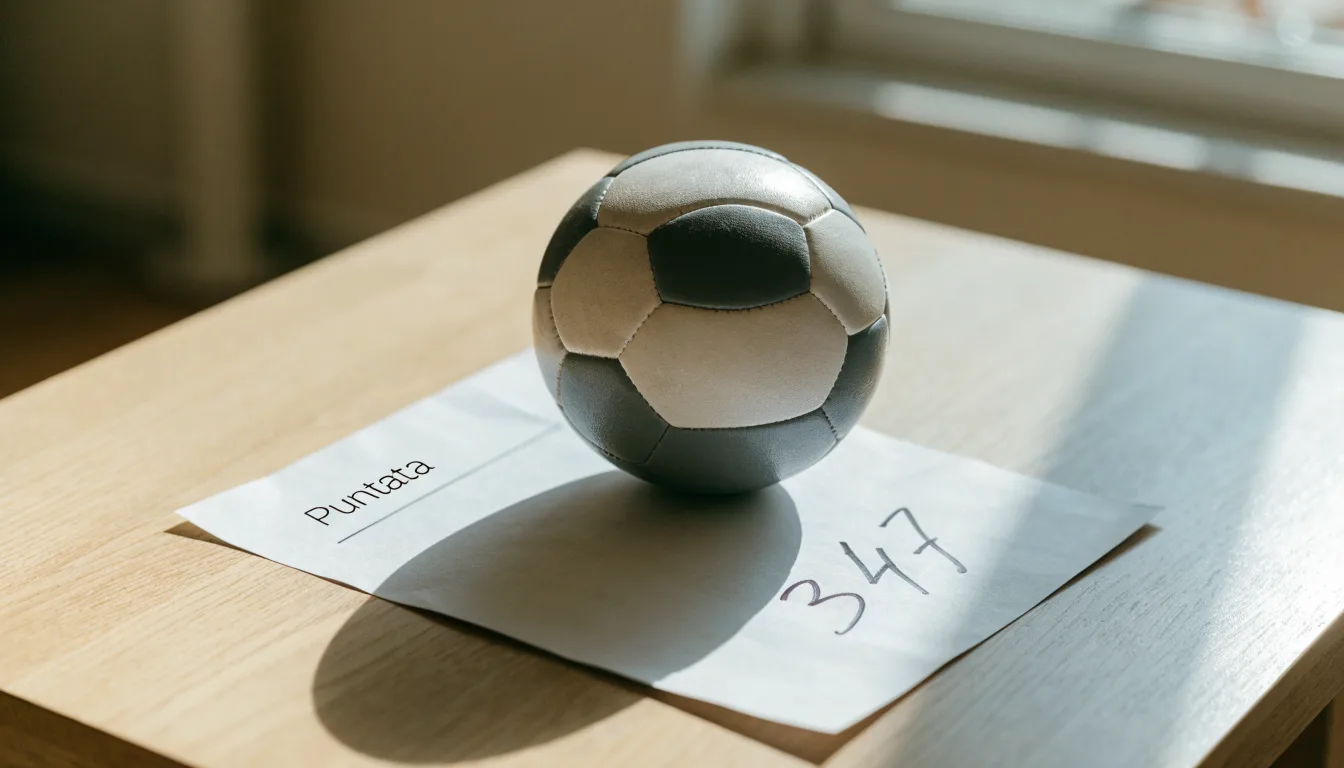 Un pallone da calcio appoggiato su una schedina bianca su un tavolo di legno, alla luce del giorno