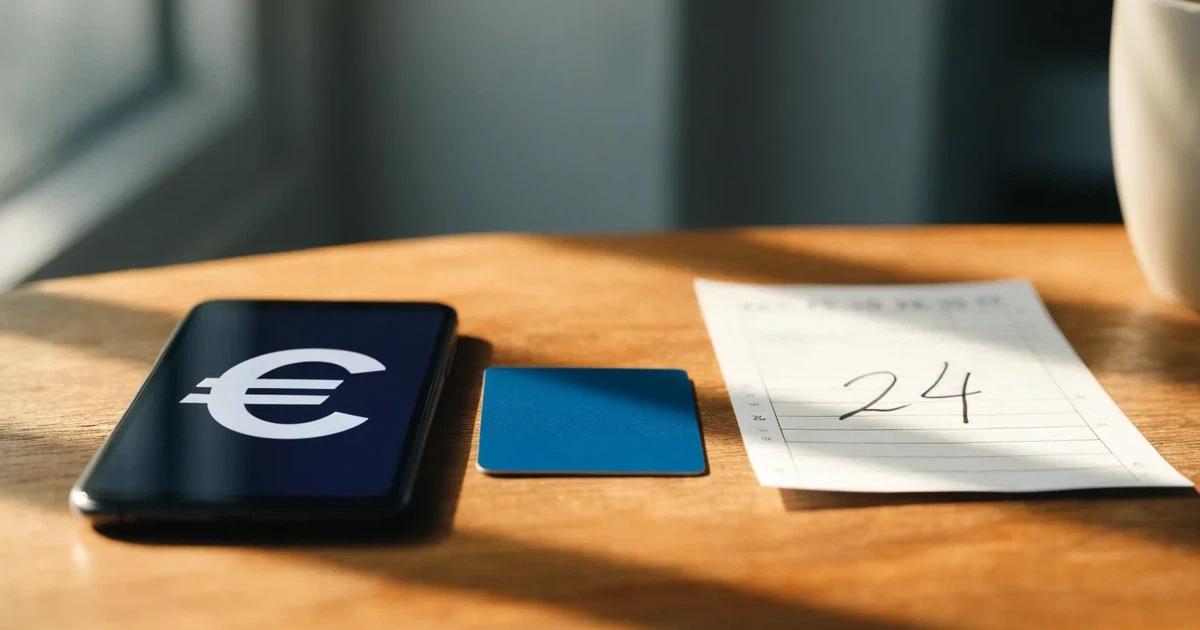 Uno smartphone e una carta di pagamento affiancati su un tavolo di legno, con alcune banconote da euro accanto