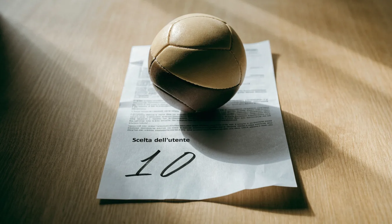 Un pallone da calcio appoggiato su una schedina bianca su un tavolo di legno, alla luce del giorno