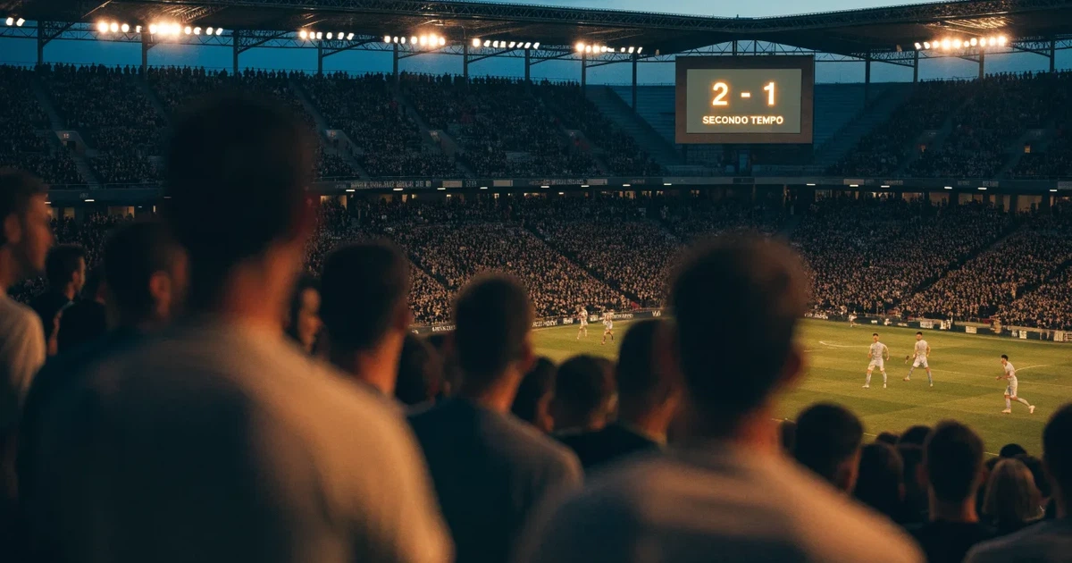 Un tabellone elettronico di uno stadio con il risultato a metà del secondo tempo, visto dalle tribune