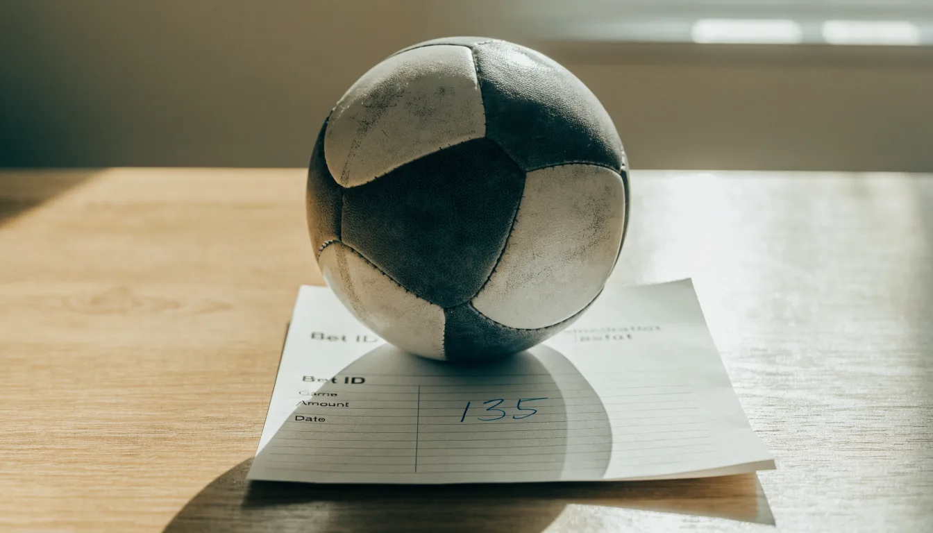 Un pallone da calcio appoggiato su una schedina bianca su un tavolo di legno, alla luce del giorno