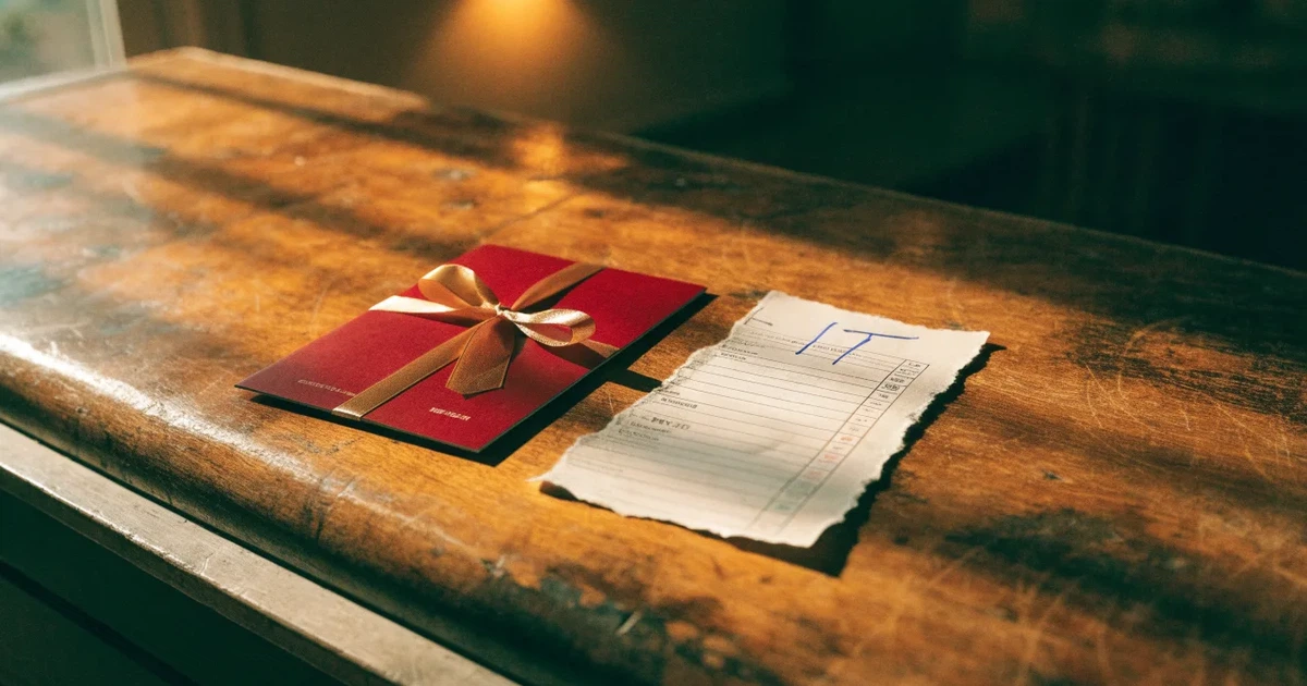 Un biglietto regalo con un nastro dorato accanto a una schedina su un bancone di legno
