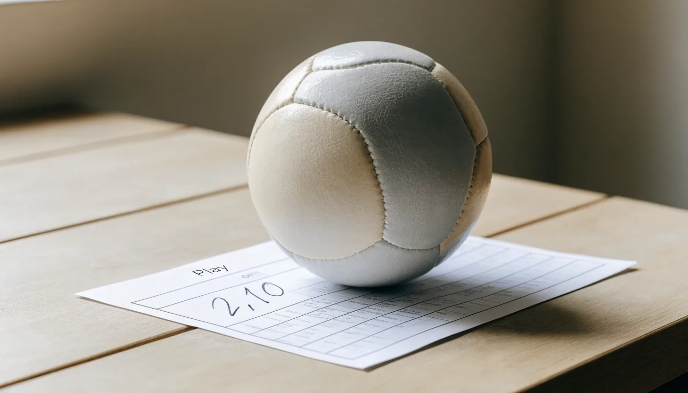 Un pallone da calcio appoggiato su una schedina bianca su un tavolo di legno, alla luce del giorno