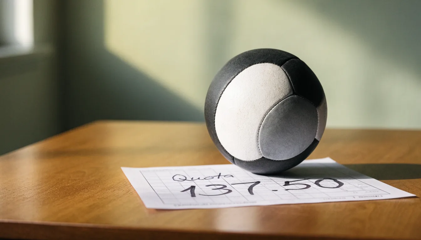 Un pallone da calcio appoggiato su una schedina bianca su un tavolo di legno, alla luce del giorno