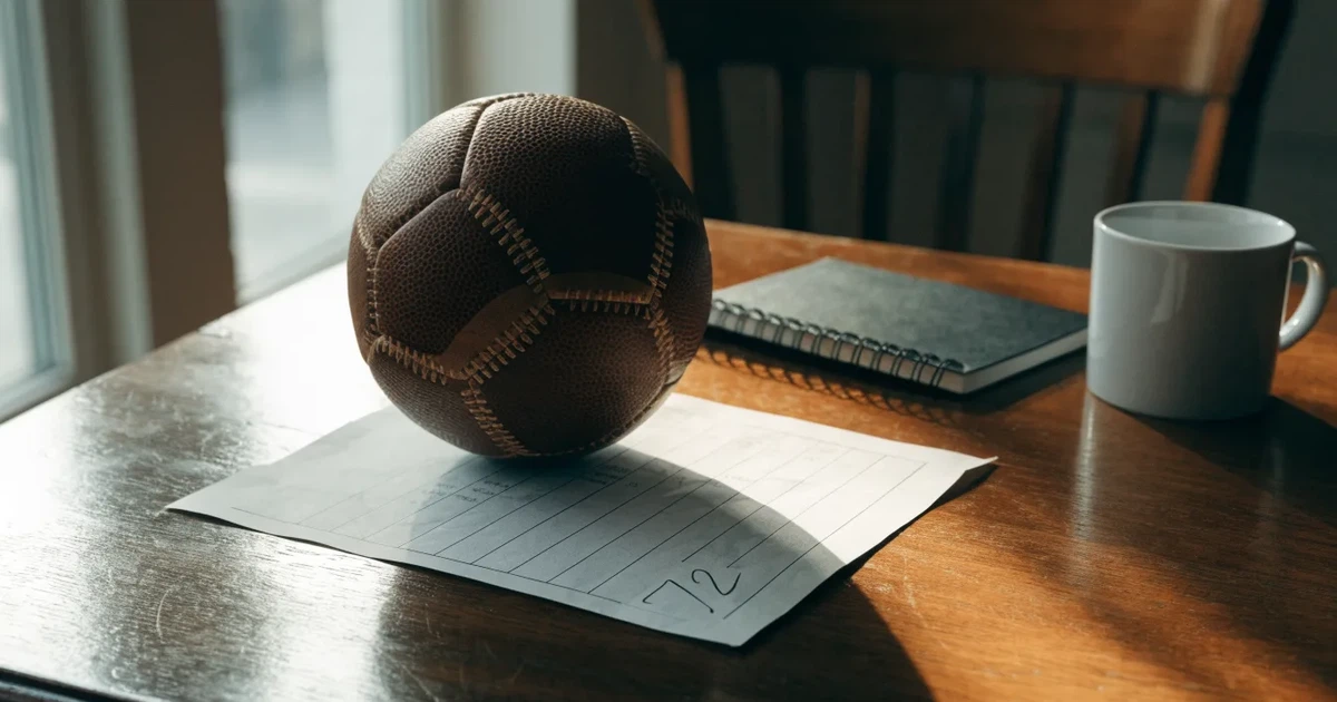 Un pallone da calcio appoggiato su una schedina bianca su un tavolo di legno, alla luce del giorno