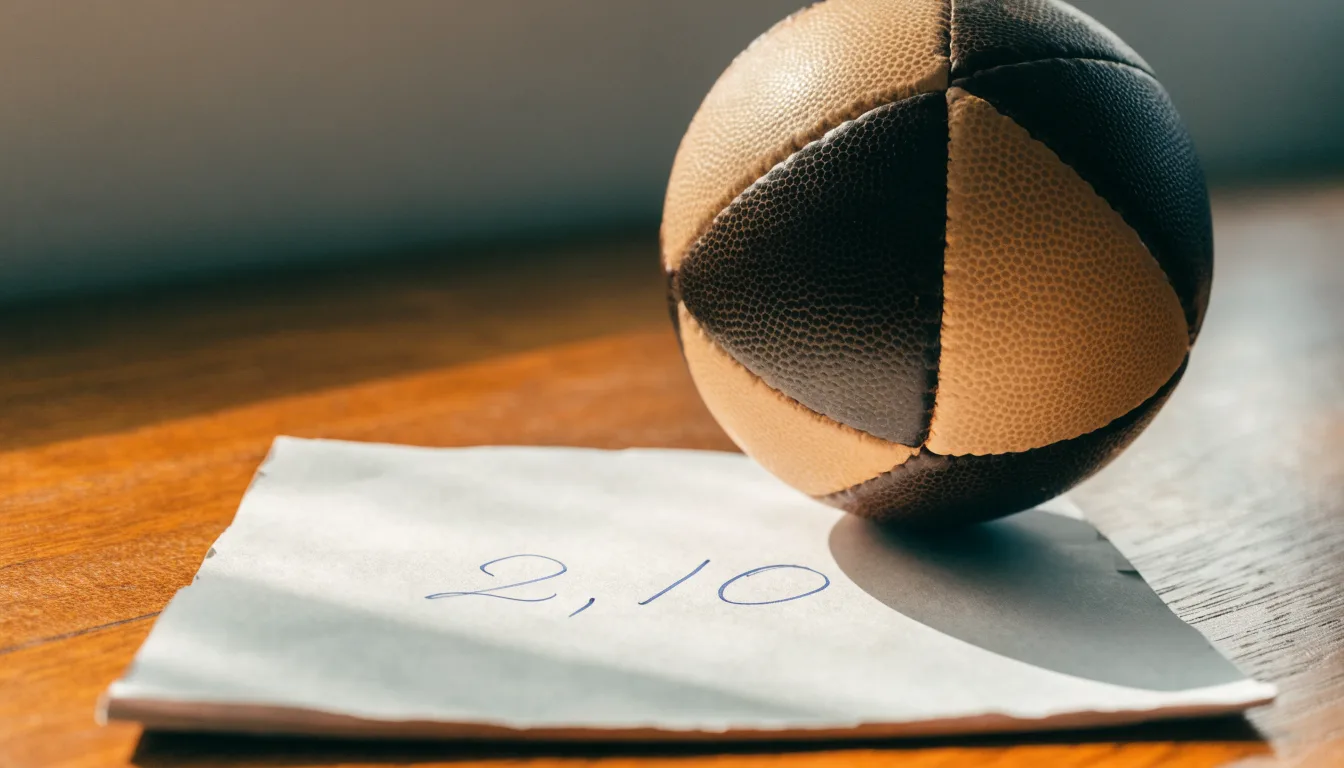 Un pallone da calcio appoggiato su una schedina bianca su un tavolo di legno, alla luce del giorno