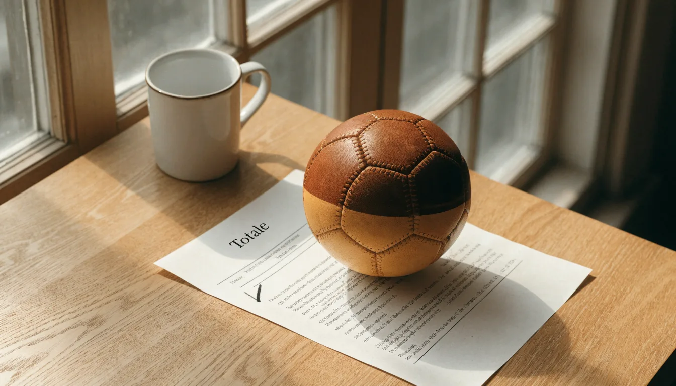 Un pallone da calcio appoggiato su una schedina bianca su un tavolo di legno, alla luce del giorno