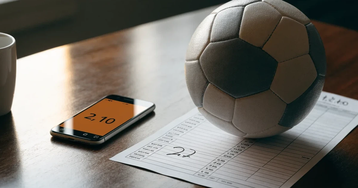 Un pallone da calcio appoggiato su una schedina bianca su un tavolo di legno, alla luce del giorno