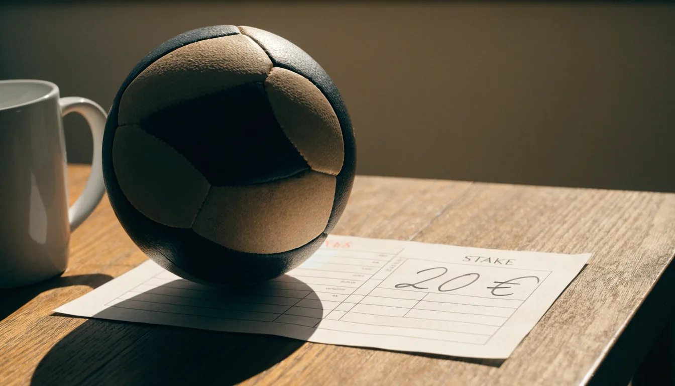 Un pallone da calcio appoggiato su una schedina bianca su un tavolo di legno, alla luce del giorno