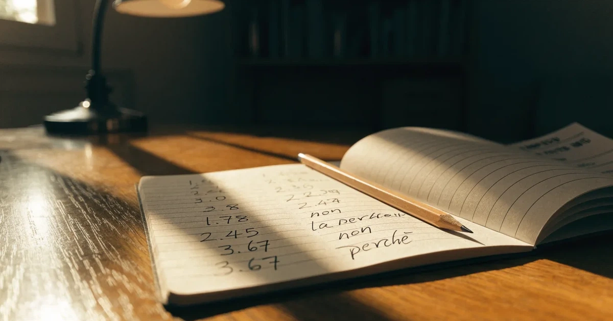 Un quaderno aperto con quote scritte a mano, una calcolatrice e una matita su un tavolo di legno