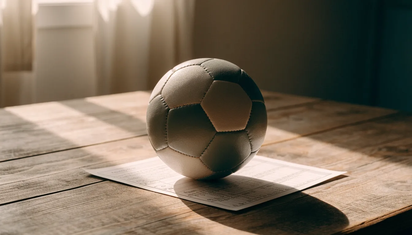Un pallone da calcio appoggiato su una schedina bianca su un tavolo di legno, alla luce del giorno
