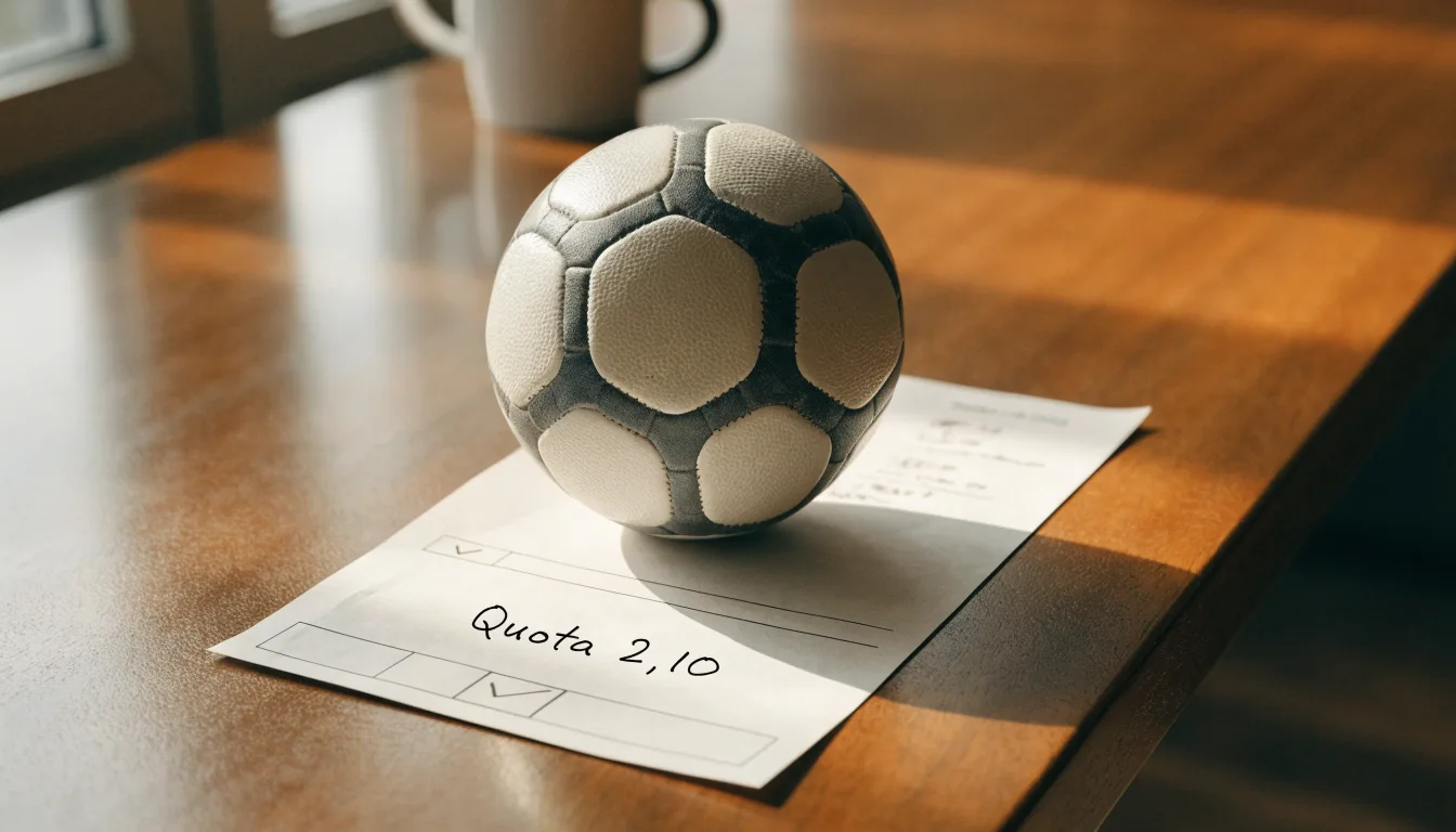 Un pallone da calcio appoggiato su una schedina bianca su un tavolo di legno, alla luce del giorno