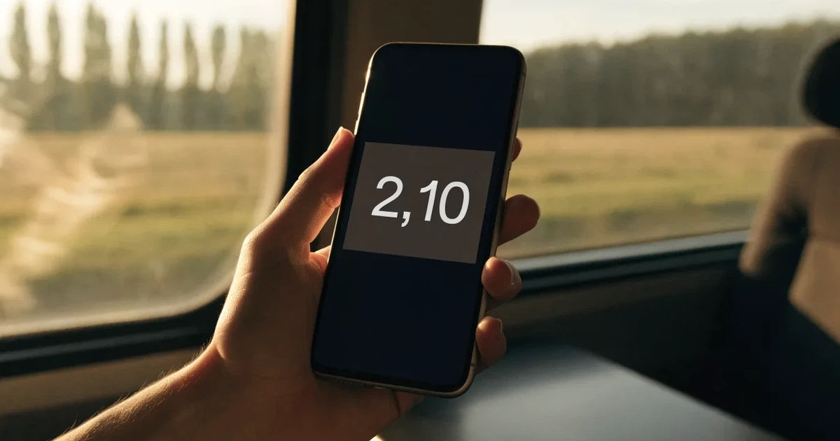 Una mano che tiene uno smartphone con una scommessa sullo schermo, su un treno nel tardo pomeriggio
