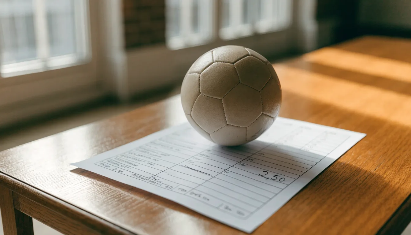 Un pallone da calcio appoggiato su una schedina bianca su un tavolo di legno, alla luce del giorno