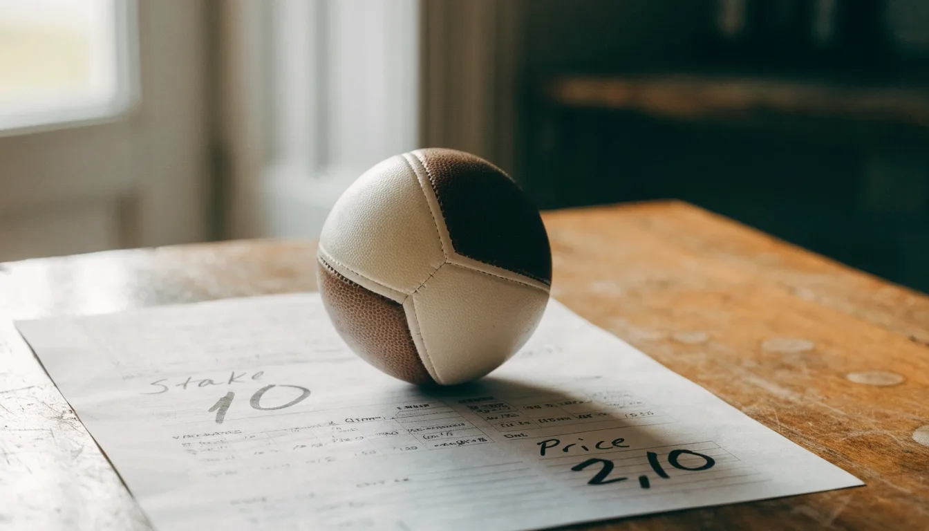 Un pallone da calcio appoggiato su una schedina bianca su un tavolo di legno, alla luce del giorno