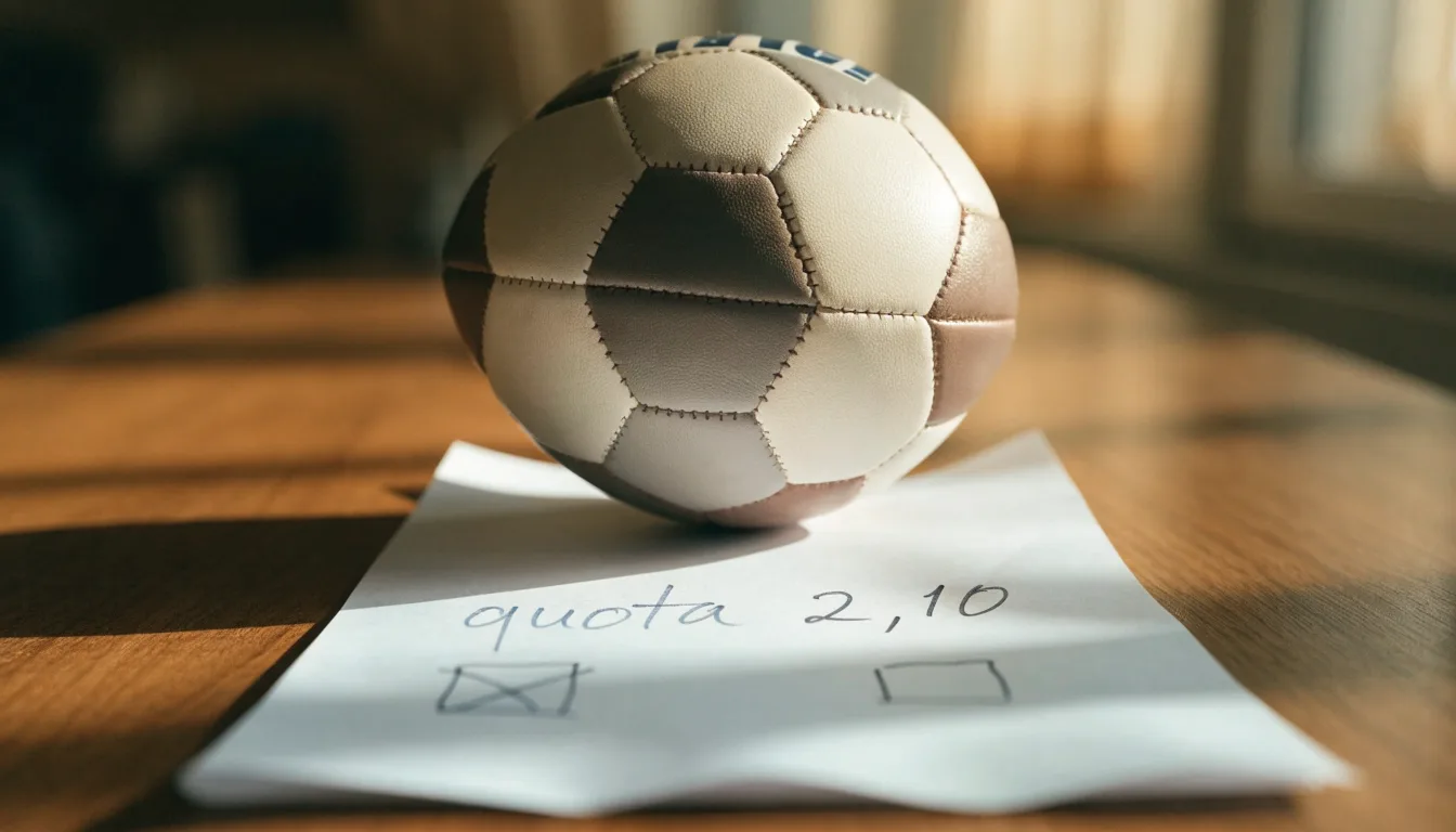 Un pallone da calcio appoggiato su una schedina bianca su un tavolo di legno, alla luce del giorno