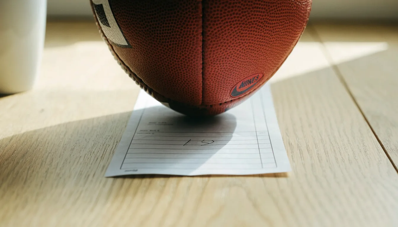 Un pallone da calcio appoggiato su una schedina bianca su un tavolo di legno, alla luce del giorno