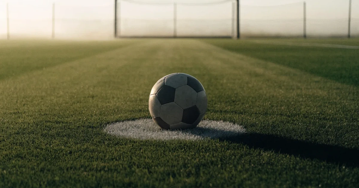 Un pallone da calcio sul dischetto del centrocampo di un prato, alla luce del mattino