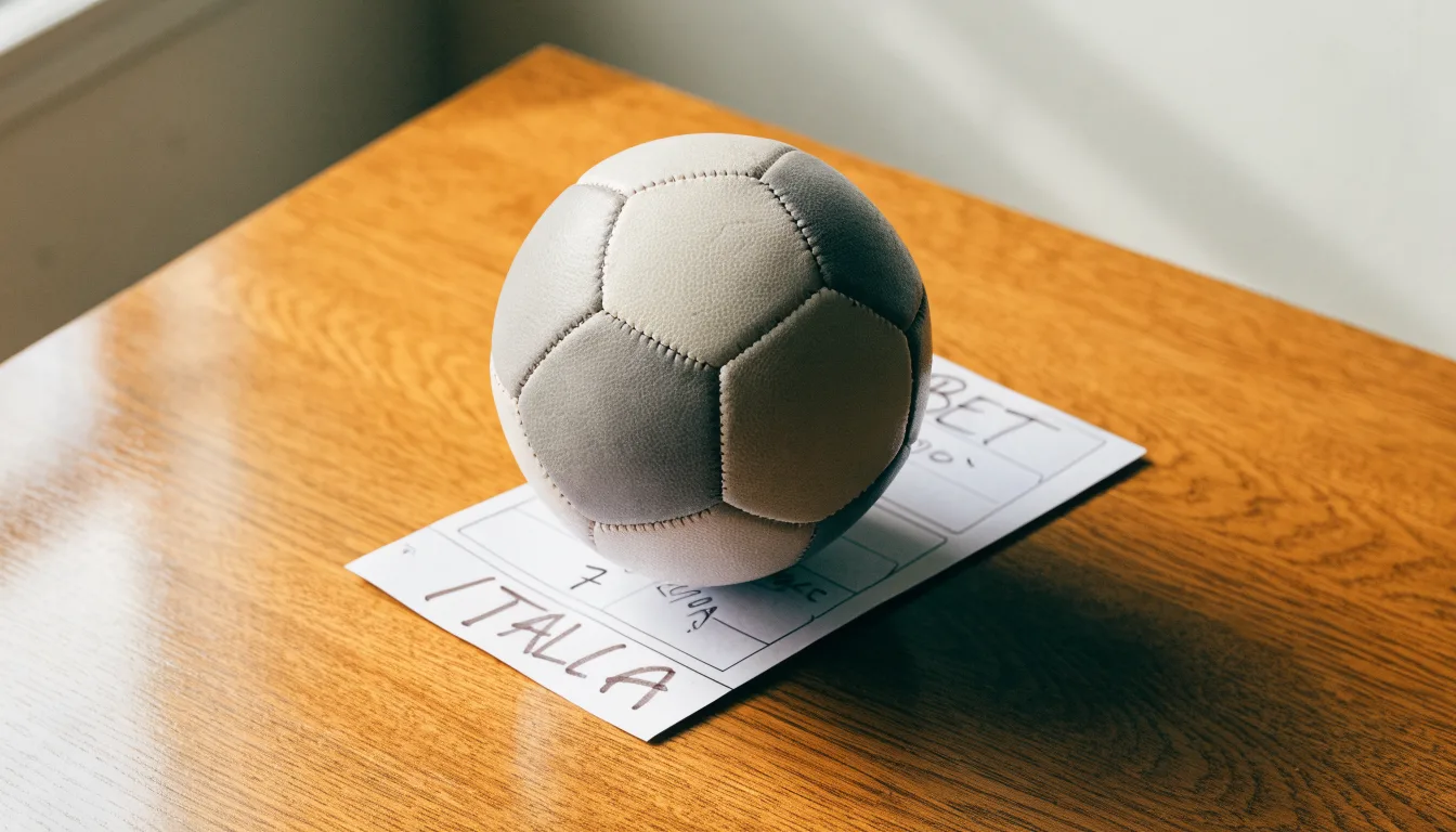 Un pallone da calcio appoggiato su una schedina bianca su un tavolo di legno, alla luce del giorno