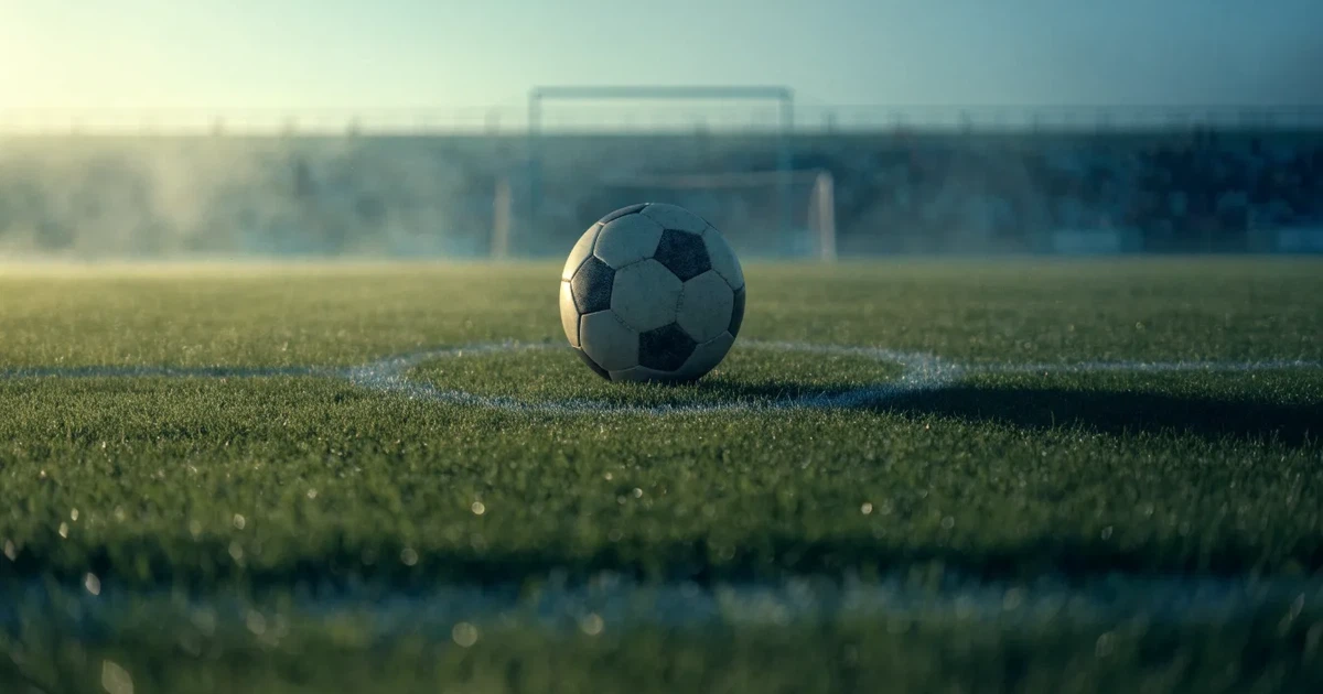 Un pallone da calcio sul dischetto del centrocampo di un prato, alla luce del mattino
