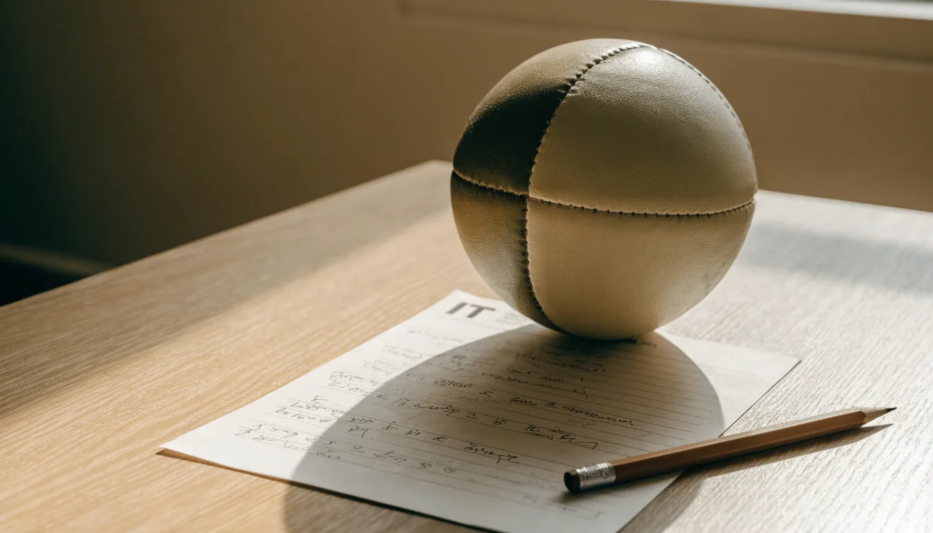 Un pallone da calcio appoggiato su una schedina bianca su un tavolo di legno, alla luce del giorno