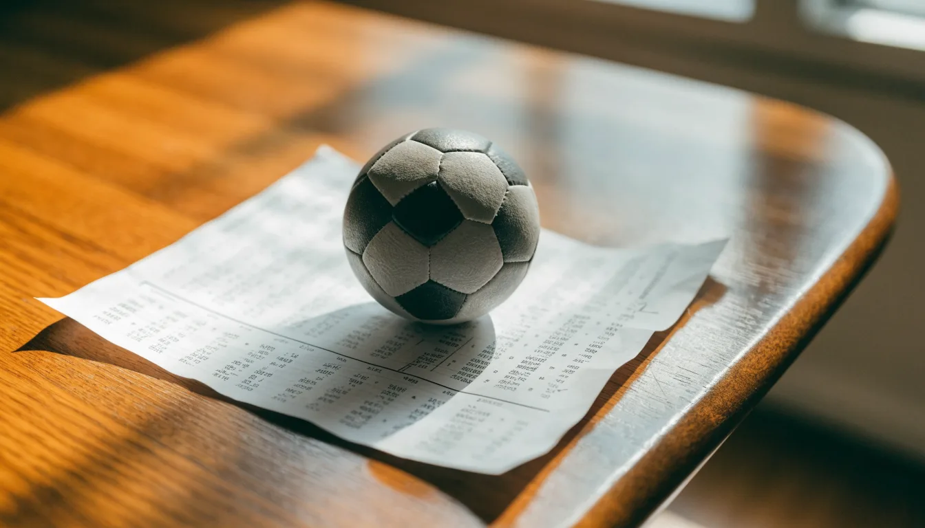 Un pallone da calcio appoggiato su una schedina bianca su un tavolo di legno, alla luce del giorno