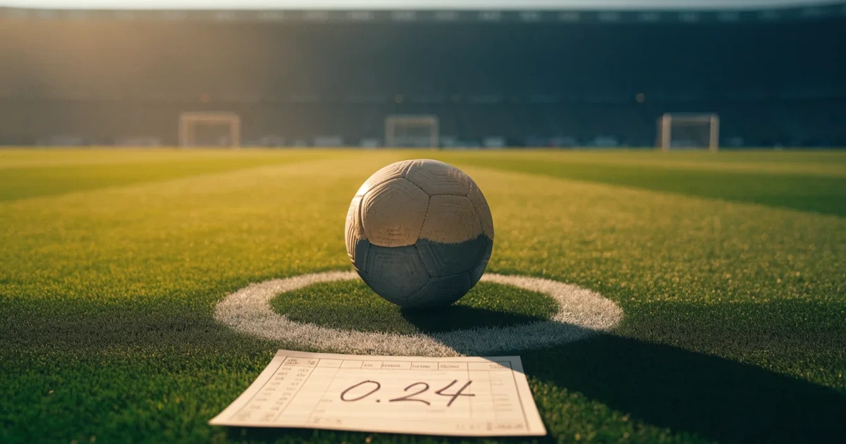 Un pallone da calcio sul dischetto del centrocampo di un prato, alla luce del mattino