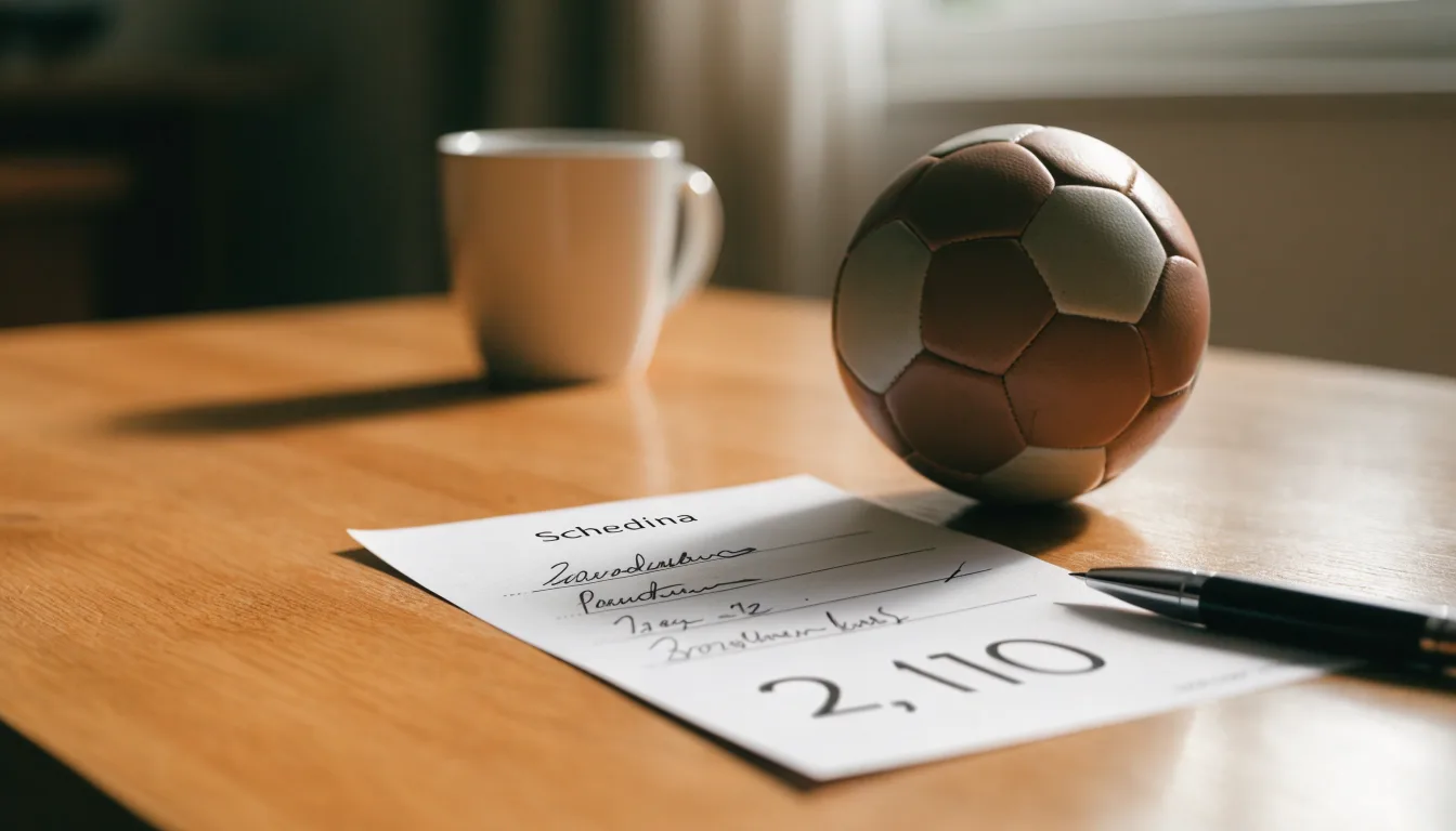 Un pallone da calcio appoggiato su una schedina bianca su un tavolo di legno, alla luce del giorno