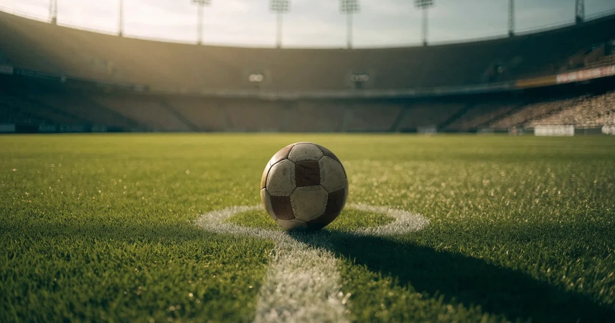 Un pallone da calcio sul dischetto del centrocampo di un prato, alla luce del mattino