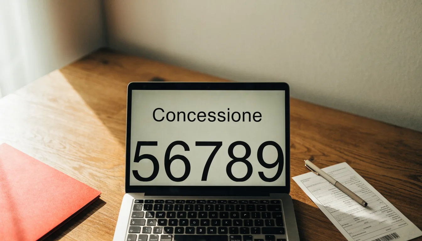 Un foglio di concessione in carta con un timbro rosso, appoggiato su una scrivania di legno accanto a una penna