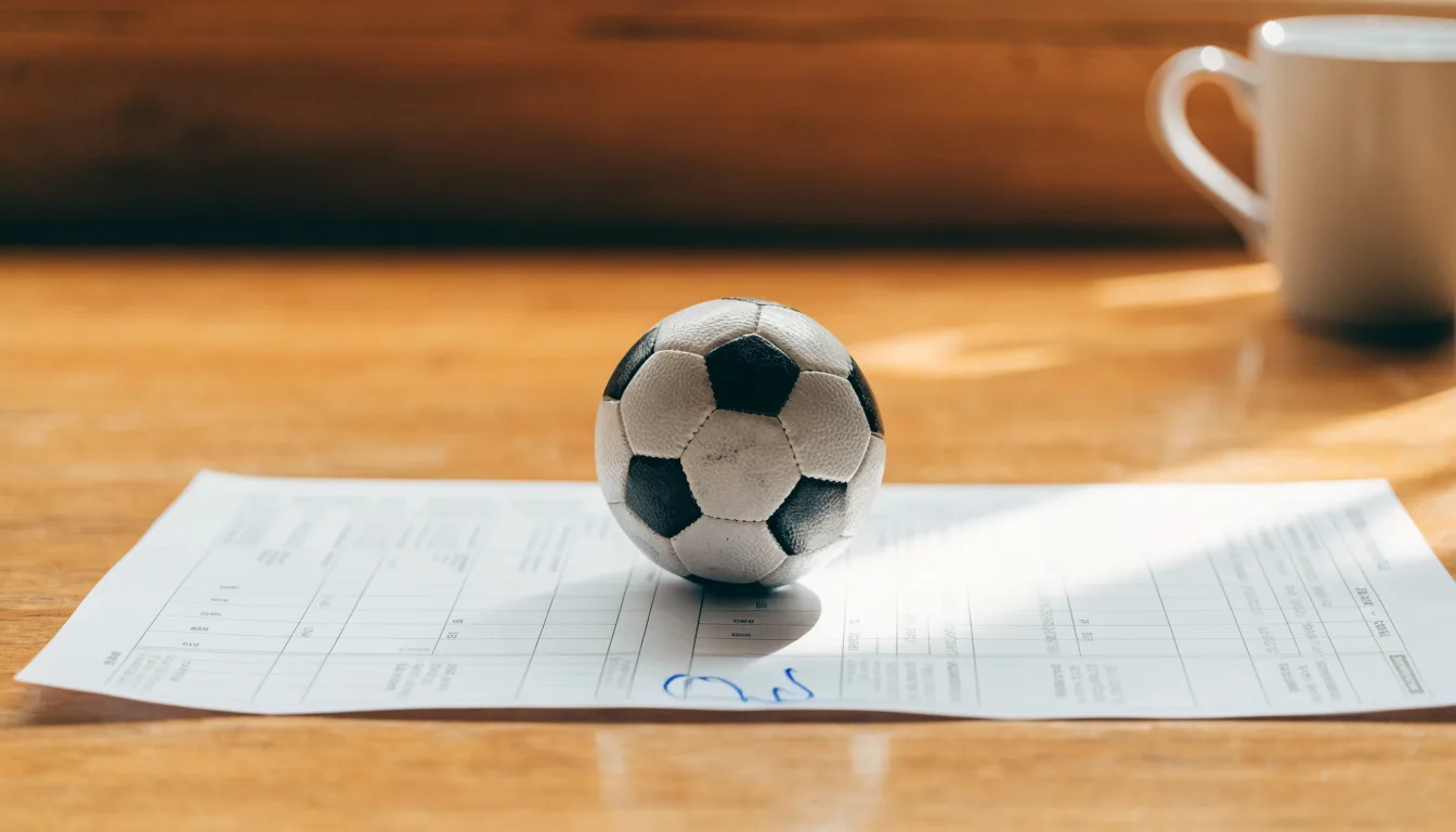Un pallone da calcio appoggiato su una schedina bianca su un tavolo di legno, alla luce del giorno