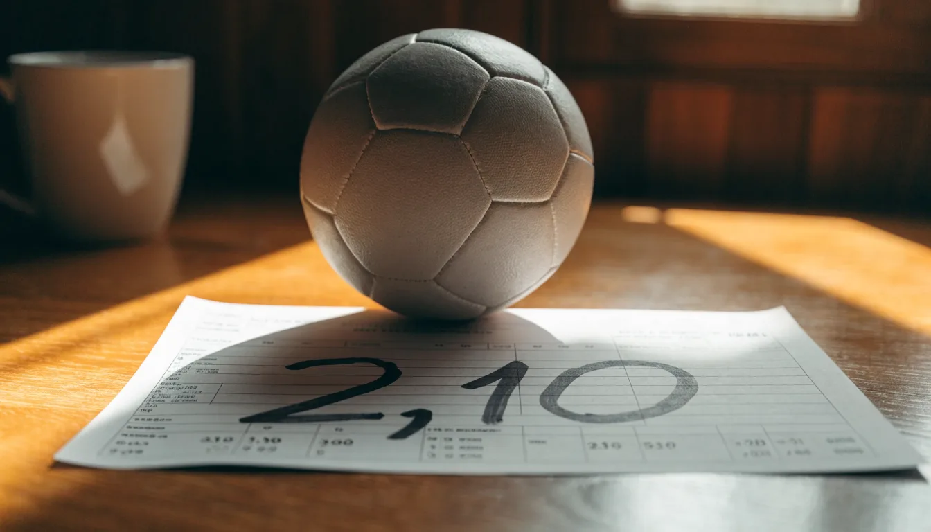 Un pallone da calcio appoggiato su una schedina bianca su un tavolo di legno, alla luce del giorno