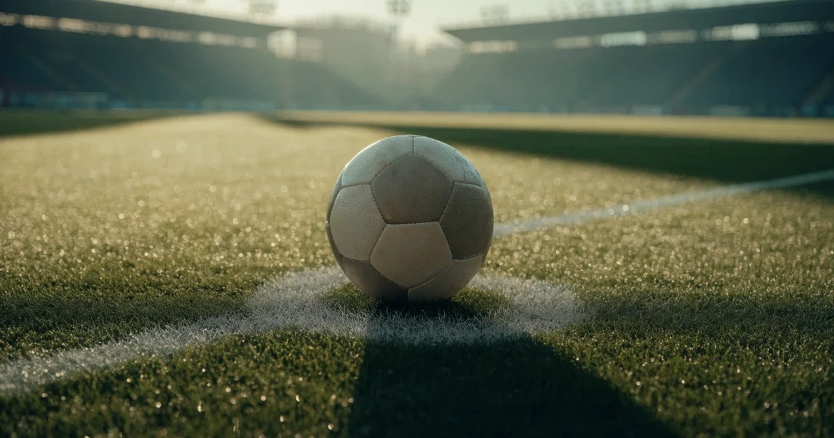 Un pallone da calcio sul dischetto del centrocampo di un prato, alla luce del mattino