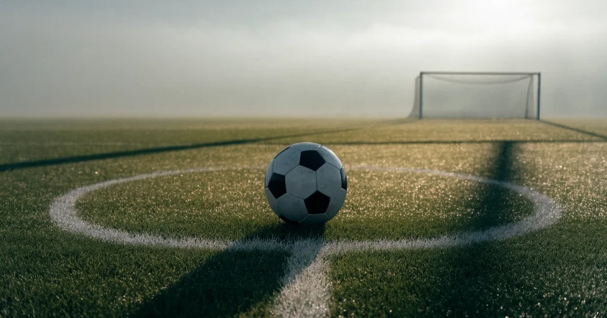 Un pallone da calcio sul dischetto del centrocampo di un prato, alla luce del mattino