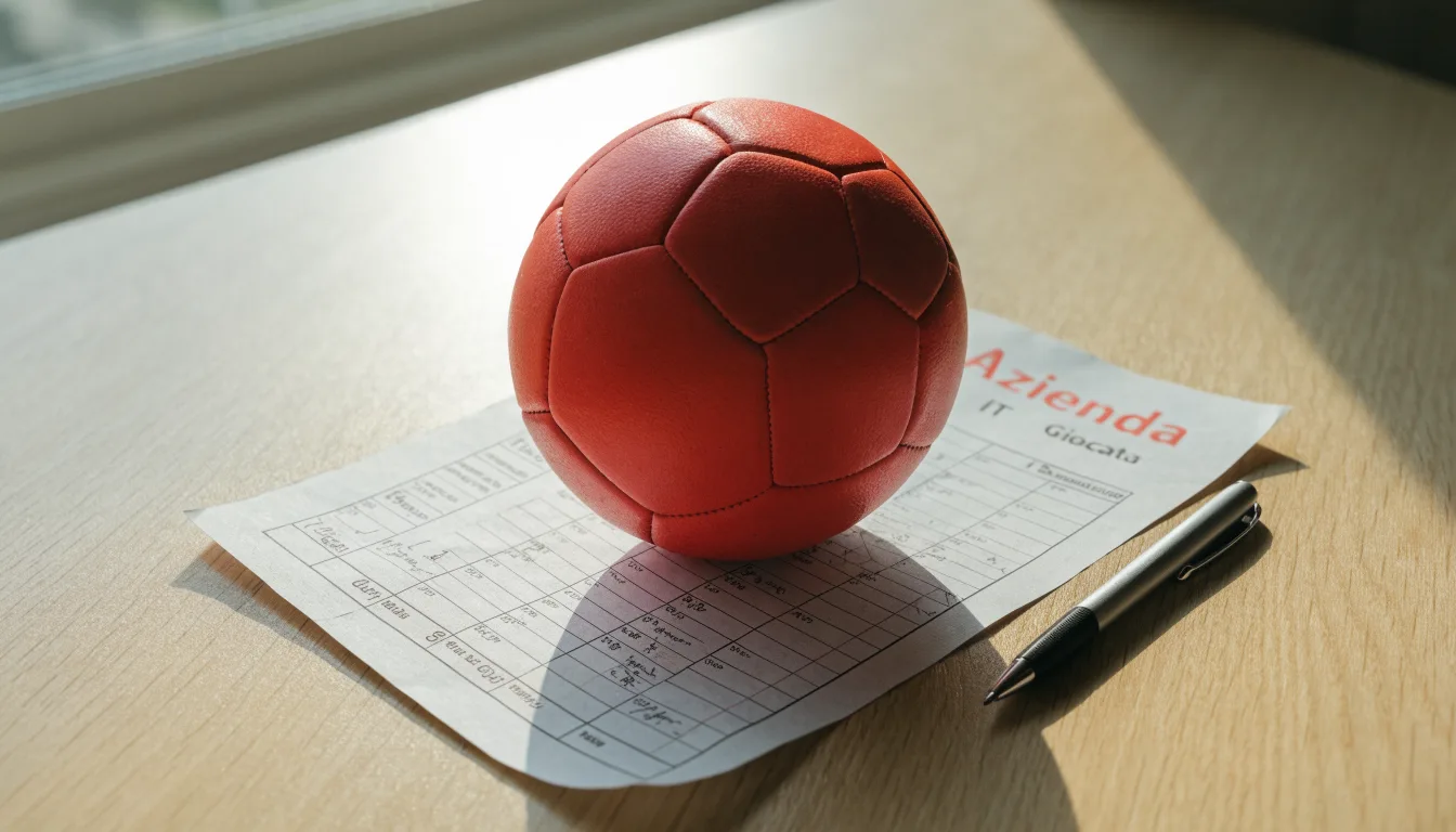 Un pallone da calcio appoggiato su una schedina bianca su un tavolo di legno, alla luce del giorno