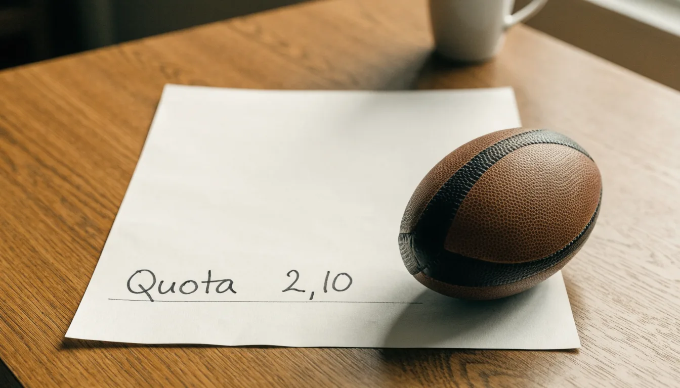 Un pallone da calcio appoggiato su una schedina bianca su un tavolo di legno, alla luce del giorno