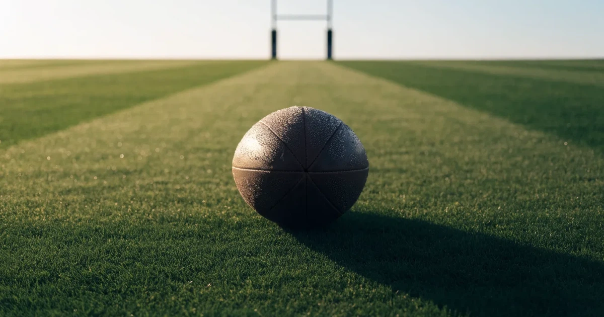 Un pallone da calcio sul dischetto del centrocampo di un prato, alla luce del mattino