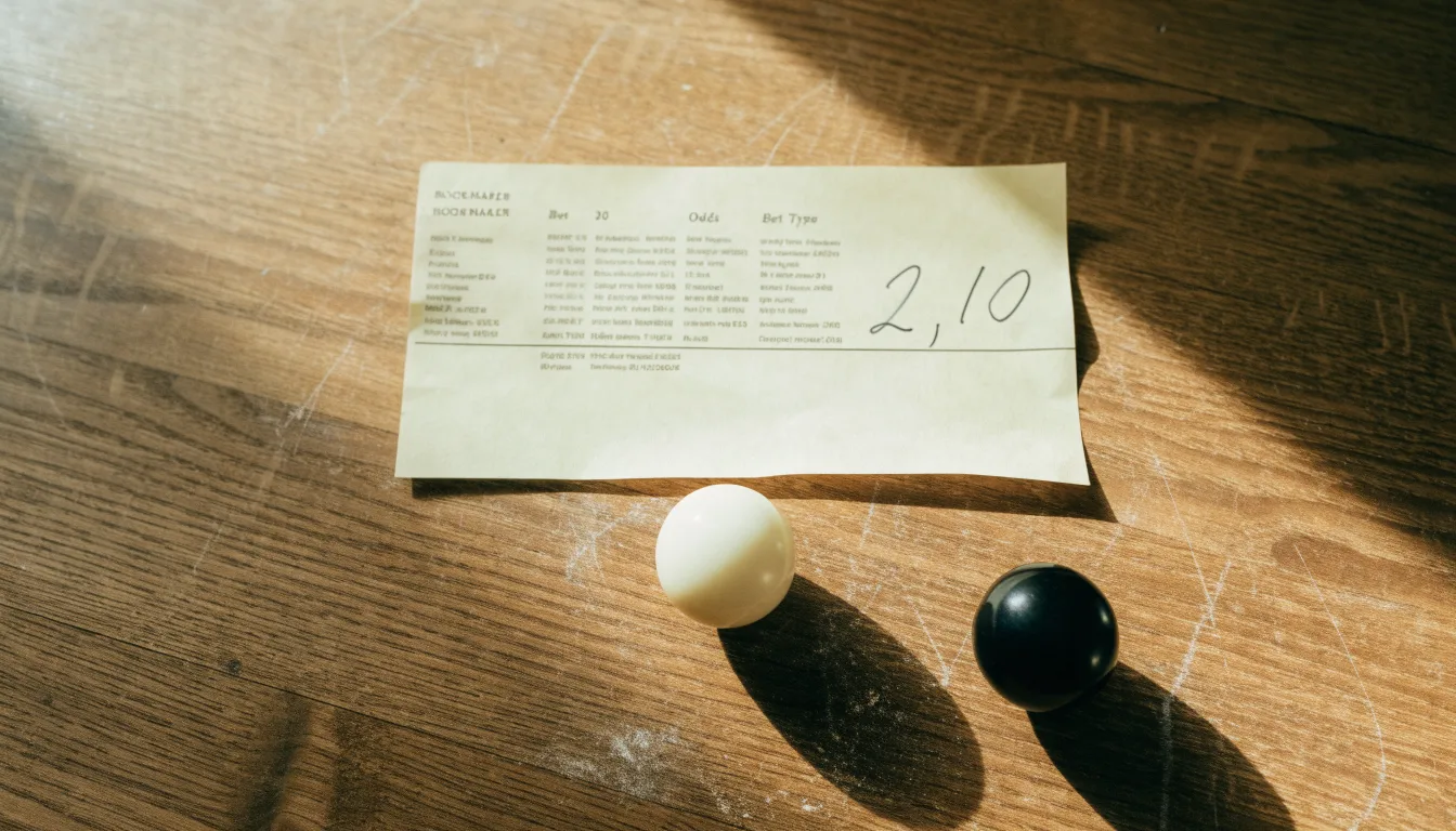 Un pallone da calcio appoggiato su una schedina bianca su un tavolo di legno, alla luce del giorno