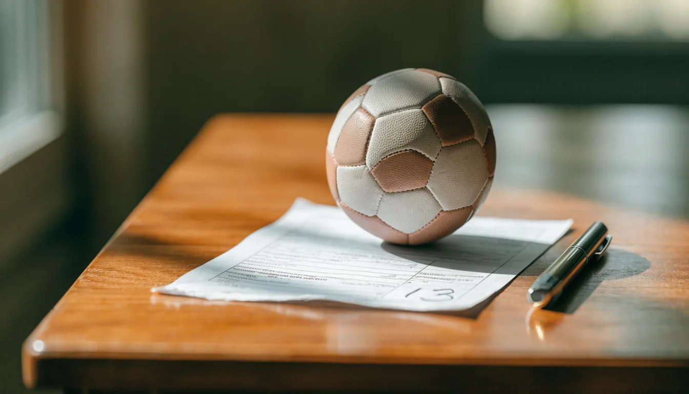 Un pallone da calcio appoggiato su una schedina bianca su un tavolo di legno, alla luce del giorno