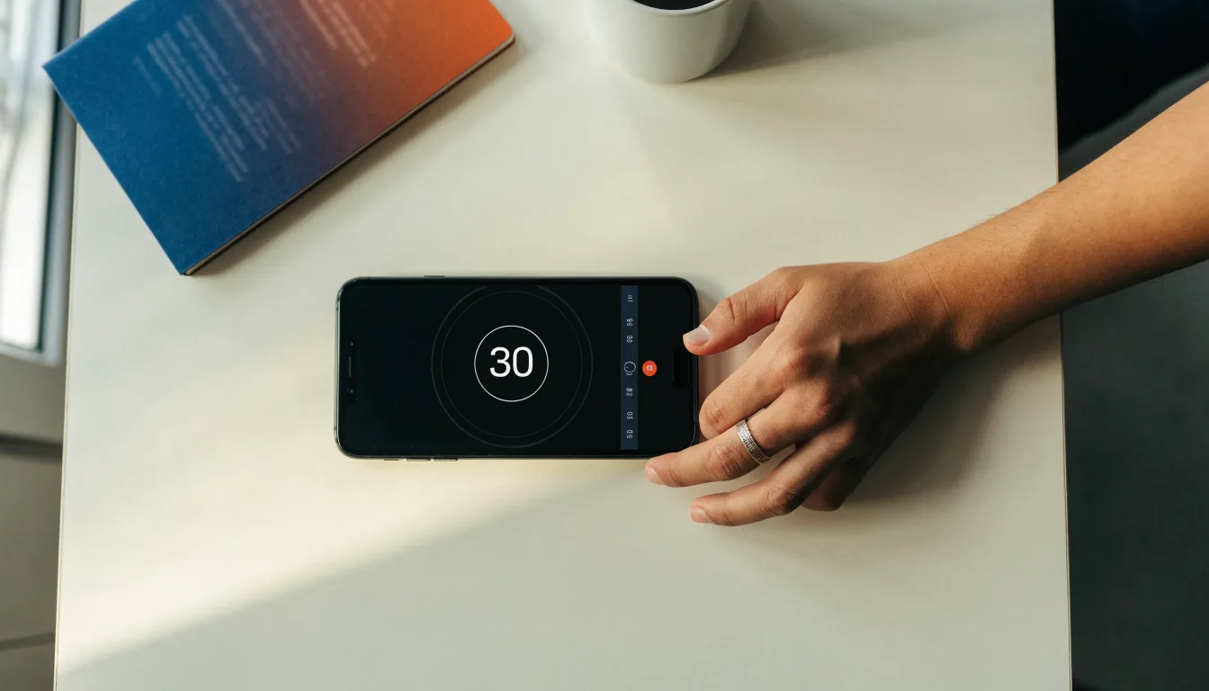 Un documento di identità appoggiato accanto a uno smartphone con un timer sullo schermo, su un tavolo da cucina